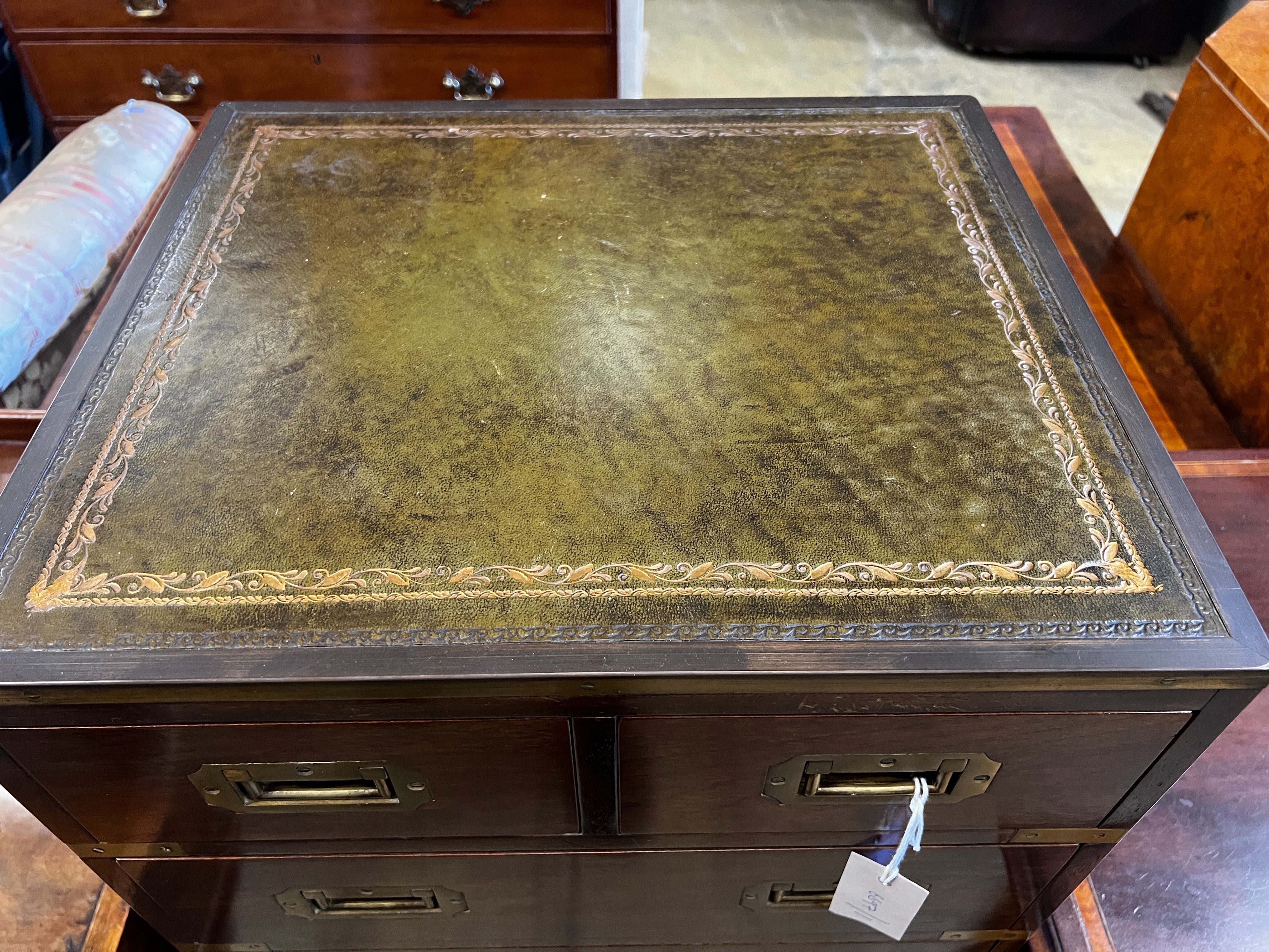 A narrow reproduction brass mounted mahogany military style chest fitted slide, width 46cm, depth 40cm, height 113cm